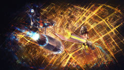 2girls ass bad_id bad_pixiv_id battle brown_hair cityscape cleavage_cutout clothing_cutout dysfunctional_systems flying gunblade highres huge_weapon leotard mecha mecha_musume multiple_girls neon_trim night original robot rocket scenery science_fiction safety_glasses sky softmode thighhighs thrusters tinted_eyewear waverly_ayre weapon white_hair winter_harrison yellow-tinted_eyewear