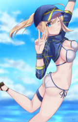 1girl absurdres ahoge artoria_pendragon_(fate) ass baseball_cap bikini blonde_hair blue_eyes blue_hat breasts cleavage cloud day fate/grand_order fate_(series) hair_through_headwear hat highres jumping long_hair looking_at_viewer medium_breasts mysterious_heroine_x_(fate) mysterious_heroine_xx_(fate) ocean one_eye_closed peace_symbol ponytail side-tie_bikini_bottom sii_artatm sky smile solo swimsuit thighs v