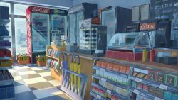 absurdly_detailed_composition absurdres backlighting brand_name_imitation coca-cola convenience_store food highres indoors ketchup_bottle loaded_interior mixed-language_commentary mustard_bottle no_humans original pepsi planetariangaolin refrigerator sausage scenery shop umbrella