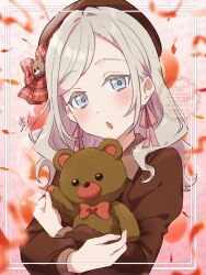 Rule 34 | 1girl, :o, absurdres, birthday, blue eyes, blush, ceras yanagida lilienfeld, check commentary, commentary, commentary request, confetti, grey hair, hat, highres, holding teddy bear, kyaku tasu, link! like! love live!, long hair, long sleeves, looking at viewer, love live!, pink background, signature, solo, stuffed animal, stuffed toy, teddy bear, upper body, watermark, wavy hair