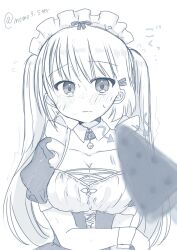 1girl alternate_costume alternate_hairstyle arm_under_breasts arrow_(symbol) bell black_dress blurry blush breasts cleavage closed_mouth collarbone commentary depth_of_field detached_collar dress enmaided eyes_visible_through_hair flying_sweatdrops food greyscale hair_behind_ear hair_between_eyes hair_ornament hairclip heart heart_in_eye highres jingle_bell large_breasts long_hair looking_at_viewer maid maid_headdress monochrome motion_lines naruse_shiroha neck_bell nose_blush parallel_hairclips popsicle pov pov_hands puffy_short_sleeves puffy_sleeves short_sleeves simple_background solo sound_effects summer_pockets sweatdrop symbol_in_eye translated twintails twitter_username upper_body very_long_hair watermelon_bar wavy_mouth white_background yaki-ayato