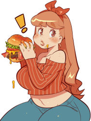 ! 1girl bacon blue_pants blush bow breasts brown_eyes brown_hair burger cheese cowboy_shot crop_top eating food food_on_face hair_bow hairband highres holding holding_food large_breasts lettuce long_hair long_sleeves meat midriff nail_polish navel off-shoulder_shirt off_shoulder original pants plump red_bow red_hairband red_nails red_shirt sanjiro_(tenshin_anman) shirt simple_background solo striped_clothes striped_shirt thick_thighs thighs tomato white_background