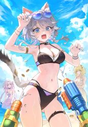 3girls aglaea_(honkai:_star_rail) alternate_costume animal_ear_fluff animal_ears armpits bare_shoulders bikini black_bikini blonde_hair blue_eyes blue_nails blue_sky bow breasts castorice_(honkai:_star_rail) cat_ears cat_girl cat_tail cipher_(honkai:_star_rail) cleavage cloud cloudy_sky commentary eyewear_on_head fang grey_hair hair_bow heart heart-shaped_eyewear highres honkai:_star_rail honkai_(series) large_breasts looking_at_viewer miho_(mymiho) mole mole_on_breast multicolored_nails multiple_girls navel open_mouth outdoors purple_hair sky stomach sunglasses swimsuit tail thigh_strap white_bow yellow_nails