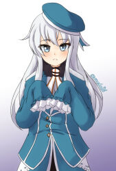 1girl aqua_hat aqua_jacket ascot atago_(kancolle) atago_(kancolle)_(cosplay) beret blue_eyes cosplay frilled_sleeves frills hat hibiki_(kancolle) highres jacket kantai_collection long_hair looking_at_viewer military_uniform nawohata sleeves_past_fingers sleeves_past_wrists solo white_hair