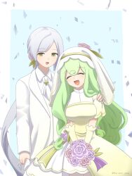 1boy 1girl absurdres alternate_costume ascot blue_background border bouquet breasts bride collared_shirt commentary_request confetti cowboy_shot curly_hair dress elbow_gloves flower formal_clothes gloves green_eyes green_hair grey_hair groom hair_flower hair_ornament hand_on_another&#039;s_shoulder happy hat hat_flower highres holding holding_bouquet holding_gloves holding_unworn_clothes husband_and_wife irene_(pure_benevolence)_(puyopuyo) irene_(puyopuyo) jacket lapels large_breasts long_hair motimoti_mgmg official_alternate_costume open_mouth outside_border pink_flower pink_rose ponytail purple_flower purple_rose puyopuyo puyopuyo_quest rose rufus_(puyopuyo) shawl_lapels shirt short_sleeves smile standing suit suit_jacket tight_clothes tight_dress unworn_gloves v_arms veil very_long_hair wedding white_ascot white_border white_dress white_gloves white_jacket white_shirt white_suit white_veil