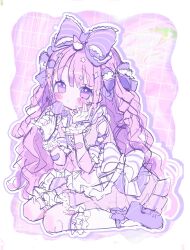 1girl bandaid bandaid_on_arm blush bow candy closed_mouth curly_hair dot_nose dress food gloves gradient_eyes hair_bow hair_ornament highres long_hair looking_at_viewer multicolored_eyes multiple_hair_bows original outline pastel_colors purple_bow purple_eyes purple_hair purple_outline purple_shoes sango_(35sangosan) shoes sketch solo star_(symbol) star_hair_ornament unicorn unicorn_horn very_long_hair white_background white_bow white_outline