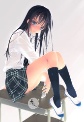 1girl black_hair black_socks blue_eyes bra camera_phone cellphone desk f-ism female_focus grey_eyes highres kneehighs knees_up legs long_hair long_sleeves murakami_suigun on_desk original phone plaid_clothes plaid_skirt playboy school_desk school_uniform see-through_clothes shirt shoes sitting skirt smartphone socks solo taking_picture underwear uwabaki wet wet_clothes wet_shirt white_bra