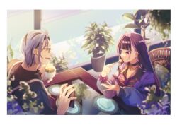 Rule 34 | 1boy, 1girl, :o, ahoge, barbell piercing, black collar, black hair, black shirt, blunt bangs, blurry, blurry background, blurry foreground, braid, breasts, cake, cake slice, cellphone, chair, cleavage, collar, collarbone, collared shirt, commentary, cup, ear piercing, earrings, eating, flower pot, food, fork, glasses, gold ring, green eyes, grey hair, hair behind ear, hair intakes, hands up, hanging plant, hex haywire, hex haywire (1st costume), highres, holding, holding cup, holding fork, holding phone, indoors, industrial piercing, jacket, jewelry, kaburagi (pnoir087), large breasts, long hair, looking at another, meloco kyoran, meloco kyoran (1st costume), multicolored hair, multiple rings, necktie, nijisanji, nijisanji en, open clothes, open jacket, open mouth, parted bangs, phone, piercing, pillow, plant, plate, potted plant, purple eyes, purple hair, purple jacket, purple necktie, purple scrunchie, ring, saucer, scrunchie, shirt, short hair, side braids, sitting, smartphone, smile, streaked hair, stud earrings, suspenders, sweatdrop, symbol-only commentary, table, tea, teacup, upper body, very long hair, virtual youtuber, window, wrist scrunchie