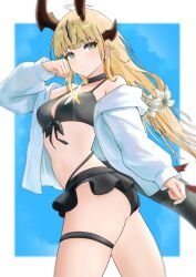 1girl alternate_costume arknights ass bare_shoulders bikini black_horns blonde_hair border breasts commentary_request dragon_girl dragon_horns dragon_tail frilled_bikini frills from_side green_eyes highres horns jacket light_in_heart long_hair looking_at_viewer medium_breasts multiple_horns navel off_shoulder open_clothes open_jacket outside_border reed_(arknights) reed_the_flame_shadow_(arknights) solo sora_mame_(princess_0sora) swimsuit tail thigh_strap white_border white_jacket