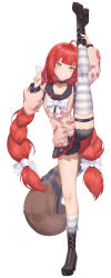Rule 34 | 1girl, absurdres, ahoge, asymmetrical legwear, black panties, braid, cardigan, full body, green eyes, grin, highres, light blush, long hair, looking at viewer, low twin braids, mismatched legwear, panties, pink cardigan, raccoon, red hair, shixi, simple background, single thighhigh, skindentation, smile, socks, solo, split, standing, standing on one leg, standing split, striped clothes, striped socks, striped thighhighs, thigh strap, thighhighs, twin braids, ukinami yuzuha, underwear, v, vertical-striped clothes, vertical-striped socks, vertical-striped thighhighs, white background, zenless zone zero
