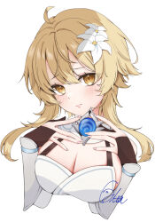 Rule 34 | 1girl, ahoge, blonde hair, blush, breasts, bridal gauntlets, brown eyes, cleavage, closed mouth, cropped torso, flower, genshin impact, hair between eyes, hair flower, hair intakes, hair ornament, head tilt, hhh halta, highres, large breasts, lumine (genshin impact), short hair with long locks, sidelocks, signature, simple background, solo, upper body, white background, white flower