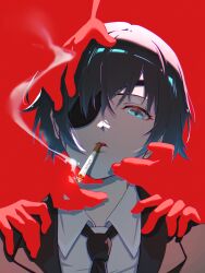 1girl aqua_eyes black_hair black_jacket black_necktie chainsaw_man cigarette collared_shirt disembodied_hand enoharatoki eyepatch ghost_hands highres himeno_(chainsaw_man) jacket looking_at_viewer necktie open_clothes open_jacket parted_lips portrait shirt short_hair smoke smoking solo white_shirt wing_collar