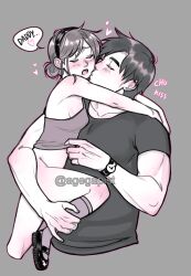 1boy 1girl absurdres artist_name blush bottomless breasts capcom carrying closed_eyes collarbone eyebrows_hidden_by_hair from_side hair_bun highres kiss leon_s._kennedy lola_(agegapist) loli monochrome muscular muscular_arms muscular_male open_mouth pink_theme resident_evil resident_evil_2 sherry_birkin shoes short_hair simple_background single_hair_bun small_breasts socks standing tank_top upper_body watermark