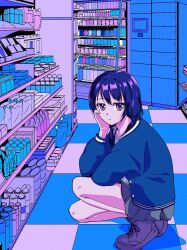 1girl 5_rebbeccas blue_jacket boots casual checkered_floor closed_mouth commentary_request full_body grey_skirt hair_between_eyes hand_on_own_cheek hand_on_own_face hand_up highres indoors jacket lace-up_boots light_smile long_hair long_sleeves looking_at_viewer low_twintails miniskirt open_clothes open_jacket pleated_skirt purple_boots purple_eyes purple_hair shelf shirt shop skirt solo squatting tamura_yuri twintails watashi_ga_motenai_no_wa_dou_kangaetemo_omaera_ga_warui! white_shirt