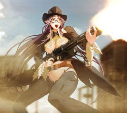 1girl 3d belt black_panties breasts covered_erect_nipples cowboy_hat cowboy_western day elf facial_mark female_focus firing forehead_mark glasses gun hat highres holding holding_gun holding_weapon large_breasts lily_salvatana lipstick long_hair machine_gun makeup mg42 nishii_(damnedrive) nitroplus open_mouth outdoors panties pointy_ears purple_hair rifle shell_casing sky solo underboob underwear very_long_hair weapon yellow_eyes zoku_satsuriku_no_django