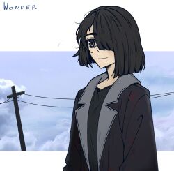 1girl absurdres black_hair black_jacket black_shirt cloud cloudy_sky hair_over_one_eye highres jacket light_smile medium_hair power_lines shirt sky solo
