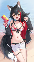 1girl :d absurdres animal_ear_fluff animal_ears bikini bikini_under_shorts black_choker black_hair black_jacket breasts choker cleavage commentary crossed_bangs double-parted_bangs fangs finger_on_trigger flipped_hair front-tie_bikini_top front-tie_top hair_ornament hairclip hands_up highres holding holding_water_gun hololive hood hooded_jacket jacket large_breasts leaf_print long_hair looking_at_viewer lying multicolored_hair navel official_alternate_costume on_back ookami_mio ookami_mio_(hololive_summer_2019) open_fly open_mouth pendant_choker ponytail print_bikini red_hair red_jacket shin_insh short_shorts shorts side-tie_bikini_bottom sidelocks skin_fangs smile solo stomach streaked_hair swimsuit tail thigh_strap two-sided_fabric two-sided_jacket very_long_hair virtual_youtuber water_gun white_bikini white_shorts wolf_ears wolf_girl wolf_tail yellow_eyes