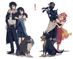 ! 234_(1234!) 2boys 2girls :o absurdres angelo_(ff8) armor bad_id bad_twitter_id bare_shoulders belt black_footwear blonde_hair collarbone cropped_jacket cross-laced_footwear dog final_fantasy final_fantasy_vi final_fantasy_viii fur-trimmed_jacket fur_trim highres interceptor_(ff6) jacket long_sleeves mask mouth_mask multiple_belts multiple_boys multiple_girls ninja ninja_mask relm_arrowny rinoa_heartilly shadow_(ff6) shirt shoulder_armor squall_leonhart white_shirt