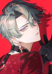 1boy black_gloves chromatic_aberration commentary curtained_hair earclip earrings eyeshadow freodore_(nijisanji) gloves grey_hair hair_between_eyes hands_up highres jacket jewelry kaohom503 long_sleeves looking_at_viewer looking_back makeup male_focus nijisanji nijisanji_en own_hands_together parted_bangs parted_hair parted_lips purple_eyes purple_eyeshadow red_background red_jacket shadow short_hair simple_background solo symbol-only_commentary upper_body virtual_youtuber