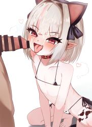 1boy 1girl animal_ears barefoot belt_collar bikini black_bikini cat_ears collar commentary_request cum cum_on_body cum_on_hair facial fang fellatio flat_chest grey_hair hetero highres huucha_(cpaf5377) loli makaino_ririmu micro_bikini multicolored_hair nijisanji open_mouth oral paid_reward_available penis pink_eyes pink_hair pointy_ears red_collar short_hair simple_background solo_focus streaked_hair swimsuit tongue tongue_out variant_set white_background