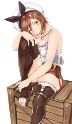 1girl atelier_(series) atelier_ryza atelier_ryza_1 bare_arms belt belt_buckle black_hairband boots bow_hairband box breast_press breasts bridal_legwear brown_belt brown_boots brown_eyes brown_hair buckle cleavage closed_mouth commentary feet flask foot_out_of_frame hairband hand_on_own_knee head_on_knee head_rest jewelry knee_up legs looking_at_viewer medium_breasts miya_star_saa necklace on_box open-toe_boots red_shorts reisalin_stout round-bottom_flask shirt short_hair short_shorts shorts sitting sitting_on_box skindentation sleeveless sleeveless_shirt smile solo star_(symbol) star_necklace thigh_boots thighhighs thighhighs_under_boots thighs toenails toes white_background white_headwear white_shirt white_thighhighs wooden_box