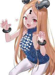 1girl abigail_williams_(fate) bare_shoulders blonde_hair blue_shirt blush bow bracelet breasts das_(dan_dan) fate/grand_order fate_(series) forehead halter_shirt halterneck highres jewelry keyhole long_hair looking_at_viewer open_mouth pants parted_bangs red_eyes sharp_teeth shirt small_breasts smile solo teeth tentacles thighs white_bow white_pants