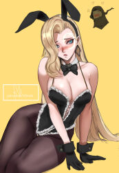 absurdres animal_ears arialla_draws black_gloves blonde_hair blue_eyes blush bow bowtie breasts cloak_(marvel) crescent crescent_facial_mark cross-laced_clothes dagger_(marvel) earrings facial_mark fake_animal_ears gloves hair_over_one_eye highres jewelry leotard long_hair marvel marvel_rivals pantyhose playboy_bunny signature sitting yellow_background yokozuwari
