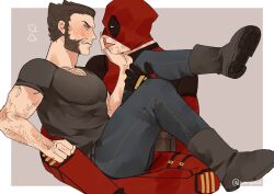 2boys arm_hair beard black_gloves black_shirt blue_pants blush bodysuit boots brown_hair chest_hair commentary deadpool deadpool_&amp;_wolverine deadpool_(series) denim facial_hair full-face_blush gloves green_eyes hand_on_another&#039;s_face height_difference jeans licking licking_hand looking_at_another male_focus marvel marvel_cinematic_universe mask mask_lift multiple_boys muscular muscular_male pants pectorals puff_of_air red_bodysuit red_mask shirt short_hair short_sleeves sitting sitting_on_person superhero_costume symbol-only_commentary tongue tongue_out wolverine_(x-men) wonpese x-men yaoi