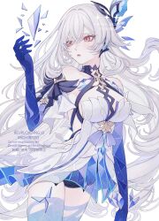 1girl ao_(ao0_0nemu) blue_hands breasts cowboy_shot dress genshin_impact hair_ornament highres large_breasts long_hair looking_to_the_side object_floating_above_hand parted_lips pink_eyes prosthesis prosthetic_arm prosthetic_leg simple_background skirk_(genshin_impact) solo watermark white_background white_dress white_hair