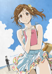 1boy 1girl bag beach blush breasts brown_eyes brown_hair cloud dead_or_alive dead_or_alive_xtreme dead_or_alive_xtreme_venus_vacation dress earrings formal_clothes frilled_dress frills gluteal_fold hair_between_eyes hair_ornament hairclip handbag hiragoma holding holding_paper holding_to_chest jewelry long_hair misaki_(doa) necklace panties paper scrunchie smile star_(symbol) star_hair_ornament suit underwear venus_vacation_prism:_dead_or_alive_xtreme white_panties