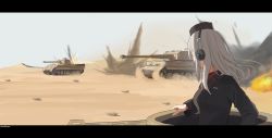 Rule 34 | 1girl, black headwear, caterpillar tracks, commentary request, explosion, from side, garrison cap, girls und panzer, grey hair, hat, highres, insignia, itsumi erika, kuromorimine military uniform, kuromorimine school uniform, letterboxed, long hair, long sleeves, military, military hat, military uniform, military vehicle, motor vehicle, northkiyou, panther (tank), school uniform, tank, tiger i, upper body