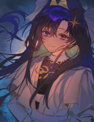 1girl asymmetrical_bangs baegi201 blonde_hair blue_background blue_eyes blue_hair closed_mouth colored_inner_hair dress floating_hair hair_intakes hair_ornament highres long_hair looking_at_viewer multicolored_hair reverse:1999 smile solo star_(symbol) star_hair_ornament upper_body voyager_(reverse:1999) white_dress