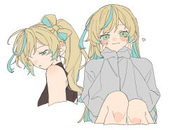1girl aqua_hair bad_id bad_pixiv_id blonde_hair closed_mouth dayama flat_color green_eyes grey_sweater hair_ribbon heart highres long_hair looking_at_viewer looking_down multiple_views nijisanji ponytail ribbon simple_background smile solo sweater tachitsute_toto teeth upper_body white_background