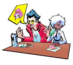 1boy 1girl afro anger_vein black_hair can chibi cup dark_skin disposable_cup donut drink_can drinking drinking_straw food glasses hair_ornament jacket monster_energy necktie no_more_heroes open_mouth pink_hair purple_eyes school_uniform shinobu_jacobs short_hair soda_can speech_bubble table tinted_eyewear transparent_background travis_touchdown white_hair