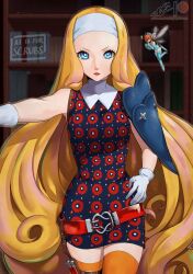 2girls armor belt blonde_hair blue_eyes bookshelf closed_mouth commentary dress eightyfourart fairy fairy_wings floral_print floral_print_dress gallica_(metaphor:_refantazio) gloves hairband hand_on_own_hip highres indoors junah_(metaphor:_refantazio) kabedon kabedon_on_viewer lips long_hair metaphor:_refantazio multiple_girls orange_hair orange_thighhighs pauldrons pov print_dress red_belt red_lips short_hair shoulder_armor single_pauldron size_difference sleeveless sleeveless_dress thighhighs very_long_hair white_gloves white_hairband wings