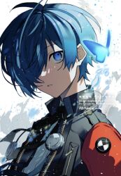 Rule 34 | 1boy, armband, black jacket, black ribbon, blue butterfly, blue eyes, blue hair, bug, butterfly, english text, hair between eyes, hair over one eye, high collar, highres, insect, jacket, light particles, looking at viewer, male focus, neck ribbon, one eye covered, parted lips, persona, persona 3, persona 3 reload, red armband, revision, ribbon, shirt, signature, solo, teeth, twitter username, upper body, watermark, white background, white shirt, yuuki makoto (persona 3), zeka (skzk cm)