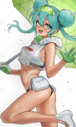 1girl aqua_eyes aqua_hair crop_top double_bun gloves green_gloves hair_bun hatsune_miku nanja parasol racing_miku sweat tan umbrella vocaloid