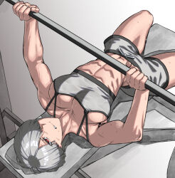 bowl_cut collarbone grey_hair grey_sports_bra highres muscular muscular_female original red_eyes rggr sports_bra
