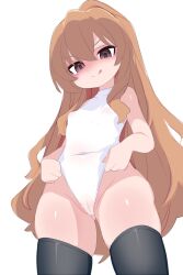 1girl aisaka_taiga black_thighhighs blush brown_eyes brown_hair cameltoe clothes_pull covered_erect_nipples flat_chest from_below kukuchi581 loli long_hair looking_at_viewer looking_down one-piece_swimsuit one-piece_swimsuit_pull smile standing swimsuit swimsuit_tug thighhighs tongue tongue_out toradora! white_background white_one-piece_swimsuit