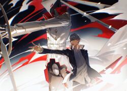 Rule 34 | 2boys, black jacket, dark background, gradient background, grey eyes, grey hair, highres, izanagi no okami, jacket, lluyss, long sleeves, mask, multiple boys, narukami yu, open mouth, outstretched arm, persona, persona 4, school uniform, shirt, short hair, white shirt, yasogami school uniform