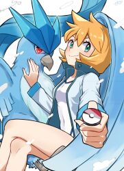 1girl amakusa_setoka articuno bare_legs blue_jacket blush breasts closed_mouth competition_swimsuit covered_navel crossed_legs eyelashes gen_1_pokemon green_eyes gym_leader hair_between_eyes highres holding holding_poke_ball jacket legendary_pokemon legs long_sleeves looking_at_viewer misty_(pokemon) navel nintendo one-piece_swimsuit open_clothes open_jacket orange_hair poke_ball poke_ball_(basic) pokemon pokemon_hgss pokemon_tcg pokemon_tcg_pocket ponytail red_eyes shirt short_hair sitting smile solo swimsuit thighs white_one-piece_swimsuit