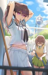 2girls absurdres bang_dream! bang_dream!_it&#039;s_mygo!!!!! black_neckerchief blush brown_hair brown_sweater_vest chinese_commentary closed_mouth commentary_request day fence green_necktie green_skirt grey_eyes hair_between_eyes hanasakigawa_school_uniform haneoka_school_uniform highres holding holding_hose hose long_hair midriff mouth_hold multiple_girls neckerchief necktie outdoors plaid_clothes plaid_skirt pleated_skirt purple_eyes revision ribbon ribbon_in_mouth road_sign sailor_collar school_uniform serafuku shiina_taki shirt short_hair sign skirt sweater_vest takamatsu_tomori tying_hair unique_(pixiv12704744) unmoving_pattern white_sailor_collar white_serafuku white_shirt white_skirt