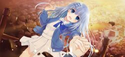 1boy 1girl blue_eyes blue_jacket breaking breasts collared_shirt date_a_live date_a_live:_spirit_pledge dress_shirt game_cg hair_ornament hairclip holding_hands jacket long_hair long_sleeves looking_at_viewer official_art open_clothes open_jacket open_mouth outdoors pleated_skirt school shirt skirt solo third-party_source tobiichi_origami tree white_hair