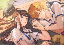 1boy 1girl bead_bracelet beads blonde_hair bracelet brown_eyes brown_hair cat couple fruits_basket hair_ribbon hetero highres honda_tooru jewelry kimopoleis long_hair looking_at_another lying on_back on_side outdoors parted_lips ribbon shirt short_hair short_sleeves sleeping sohma_kyou white_shirt yellow_ribbon