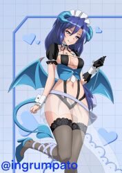 1girl absurdres alternate_costume black_gloves black_thighhighs blue_eyes blue_hair blush breasts cleavage closed_mouth demon_girl demon_horns demon_tail demon_wings enmaided gloves highres horns kazanari_tsubasa kyomeihibiki long_hair looking_at_viewer maid maid_headdress navel senki_zesshou_symphogear single_glove slingshot_swimsuit small_breasts smile solo swimsuit tail thighhighs tongue tongue_out wings