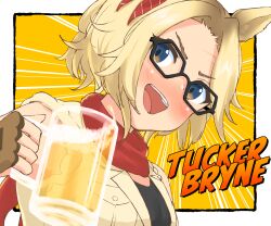 Rule 34 | 1girl, alcohol, animal ears, beer, black undershirt, blue eyes, blush, brown hair, character name, el dockie, fingerless gloves, glasses, gloves, highres, horse ears, horse girl, open mouth, scarf, short hair, sleeveless, solo, teeth, tucker bryne (umamusume), umamusume, upper body, upper teeth only