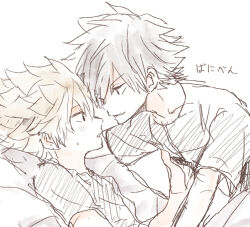 &gt;:) 2boys alternate_costume black_hair black_shirt blonde_hair casual commentary_request imminent_kiss kingdom_hearts kingdom_hearts_birth_by_sleep leaning_forward light_blush lying male_focus multiple_boys on_back open_mouth pale_color raiki_(comehope78) shirt short_hair short_sleeves sketch smile spiked_hair sweatdrop t-shirt translation_request under_covers upper_body v-shaped_eyebrows vanitas_(kingdom_hearts) ventus_(kingdom_hearts) white_background yaoi