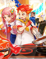 2boys 2girls amarys_(pokemon) arched_bangs black_hair blue_pants blush braid buttons cardigan closed_mouth coat collared_shirt cooking crispin_(pokemon) dark-skinned_female dark_skin drayton_(pokemon) eyelashes frying_pan gen_4_pokemon gen_8_pokemon glasses gloves grill grilling hair_ornament hairclip highres holding holding_frying_pan jacket kitchen lacey_(pokemon) ladle long_sleeves looking_at_viewer milcery mismatched_eyebrows multicolored_hair multiple_boys multiple_girls neckerchief nintendo open_clothes open_mouth orange_hair orange_mikan pants pink_hair pokemon pokemon_sv purple_hair quad_tails red_gloves red_hair rotom rotom_(heat) school_uniform semi-rimless_eyewear shirt short_hair single_braid single_glove smile stove two-tone_hair white_hair white_shirt yellow_eyes