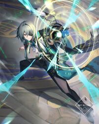 1boy aiming aiming_at_viewer anaxa_(honkai:_star_rail) arm_up artist_name black_corset black_jacket black_pants blue_eyes blue_vest corset cropped_jacket crossed_bangs eyepatch fighting_stance gold_trim grey_hair grin gun hair_between_eyes hair_intakes hair_over_shoulder handgun highres holding holding_gun holding_weapon honkai:_star_rail honkai_(series) jacket jewelry lapels long_hair looking_at_viewer low_ponytail lyrie_luna male_focus multicolored_eyes multiple_rings one_eye_covered open_clothes open_jacket pants ponytail purple_eyes ring shadow shirt smile solo standing stone_floor teeth thumb_ring v-shaped_eyebrows vest watermark weapon white_shirt