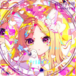 1girl absurdres animal_ears artist_name bird bird_on_hand blonde_hair blue_archive colorful fox_ears heart heart_in_eye highres kiriaina long_hair long_sleeves looking_at_viewer parted_lips seia_(blue_archive) sleeves_past_fingers sleeves_past_wrists solo star_(symbol) symbol_in_eye